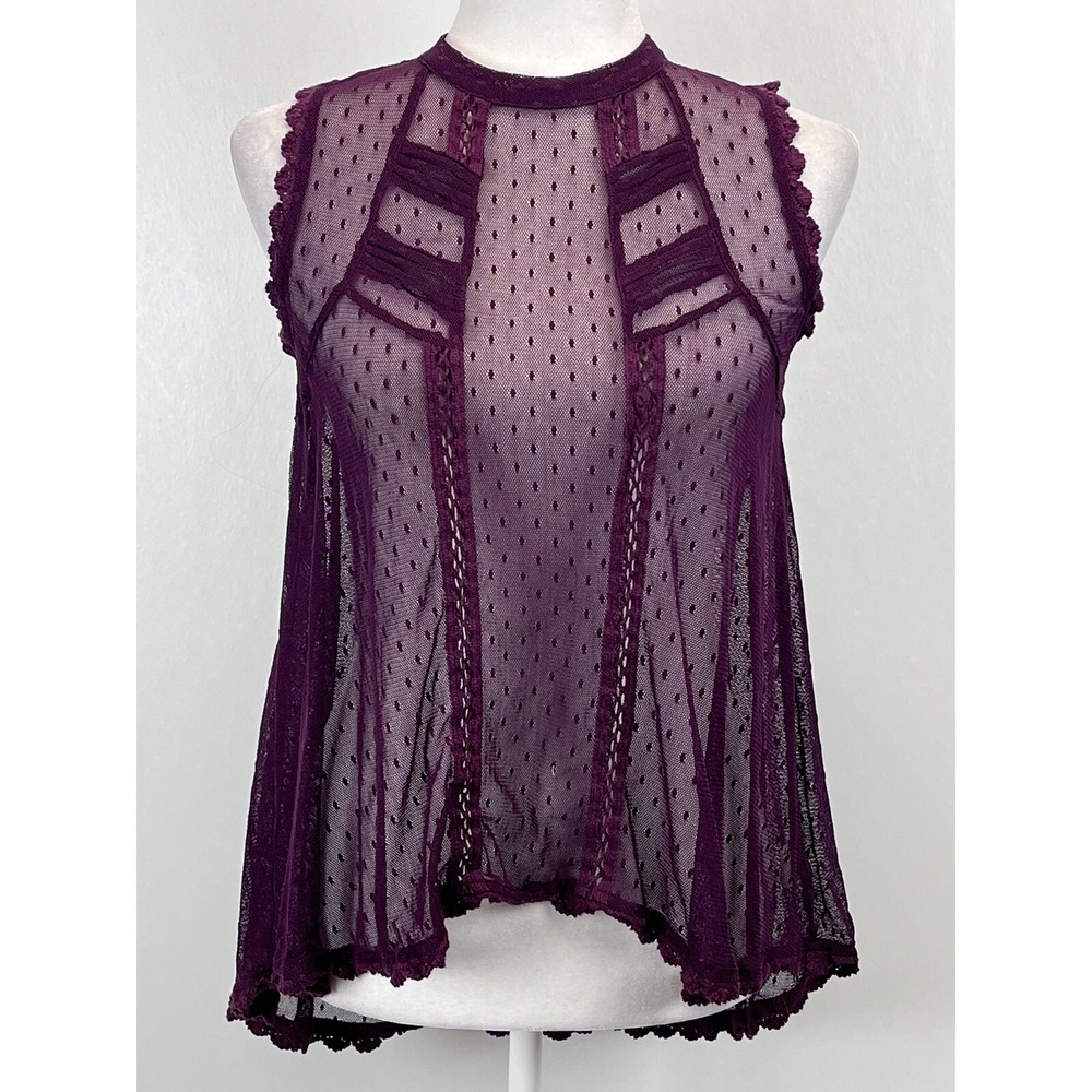 Free People Sheer Mesh Tank Top Shirt Sz XS GUC High Neck Boho